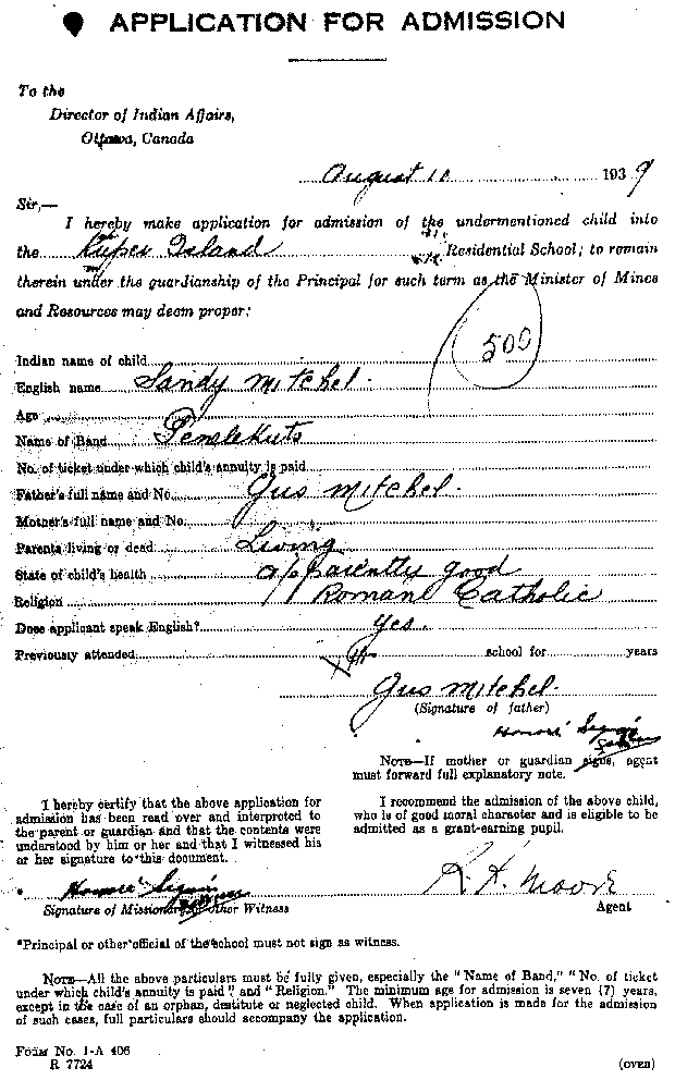 Application for Admission Form for Sandy Mitchell into Kuper Island