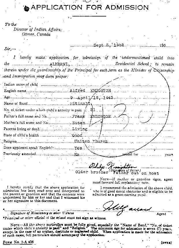 Application for Admission Form used in Protestant schools